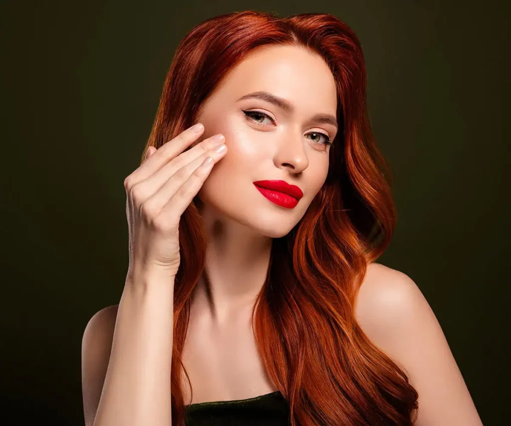 Woman with red hair and bold red lips applying skincare in a professional setting.