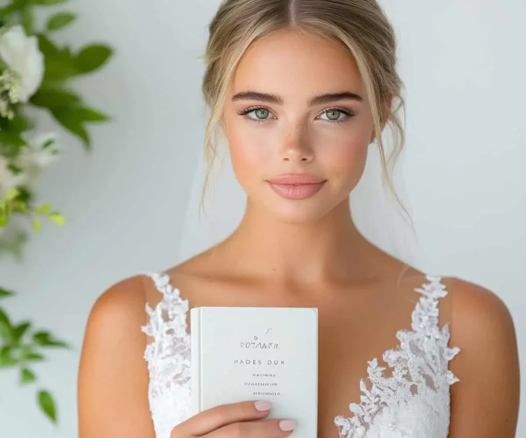 Young woman in bridal attire holding a wedding invitation, showcasing a natural makeup look.
